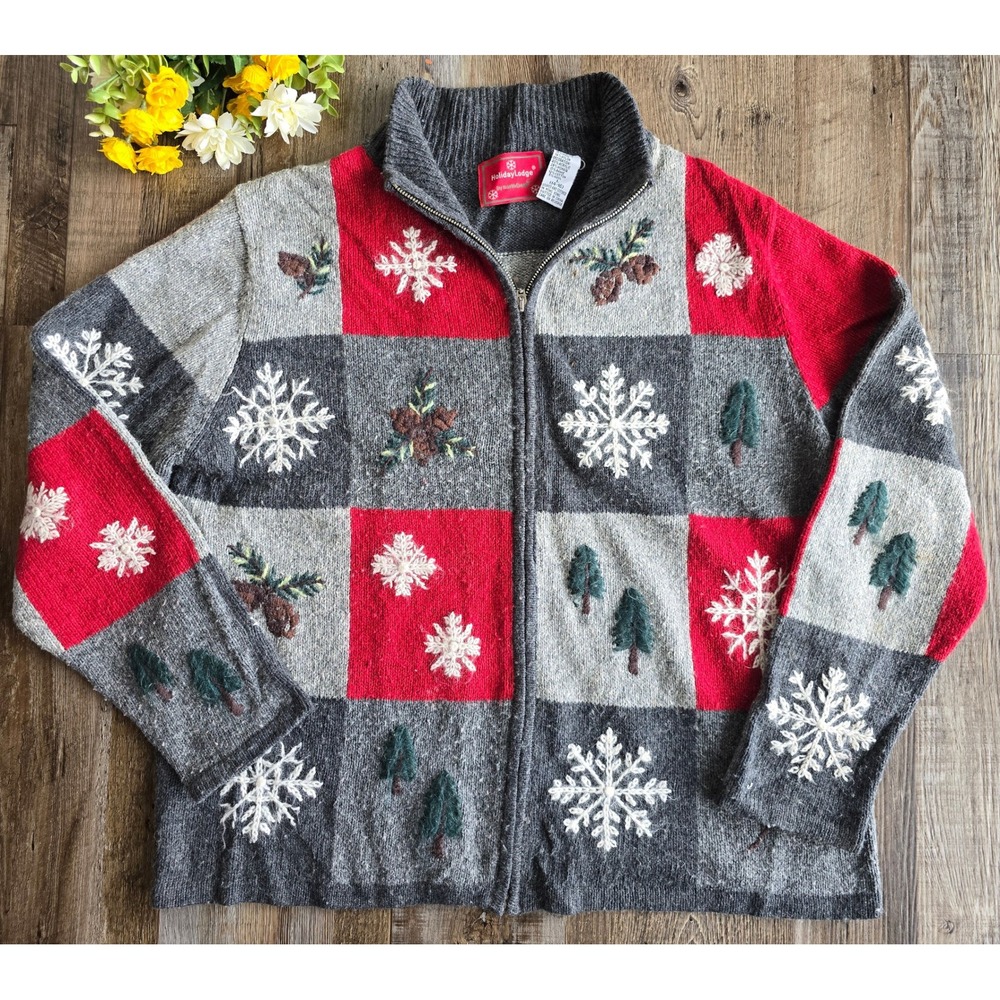 Vintage Holiday Lodge by Northcrest Knit L Christmas Winter Zip Sweater Cardigan